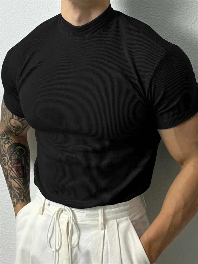 Men’s Slim Fit High Neck T-Shirt – Short Sleeve Tee