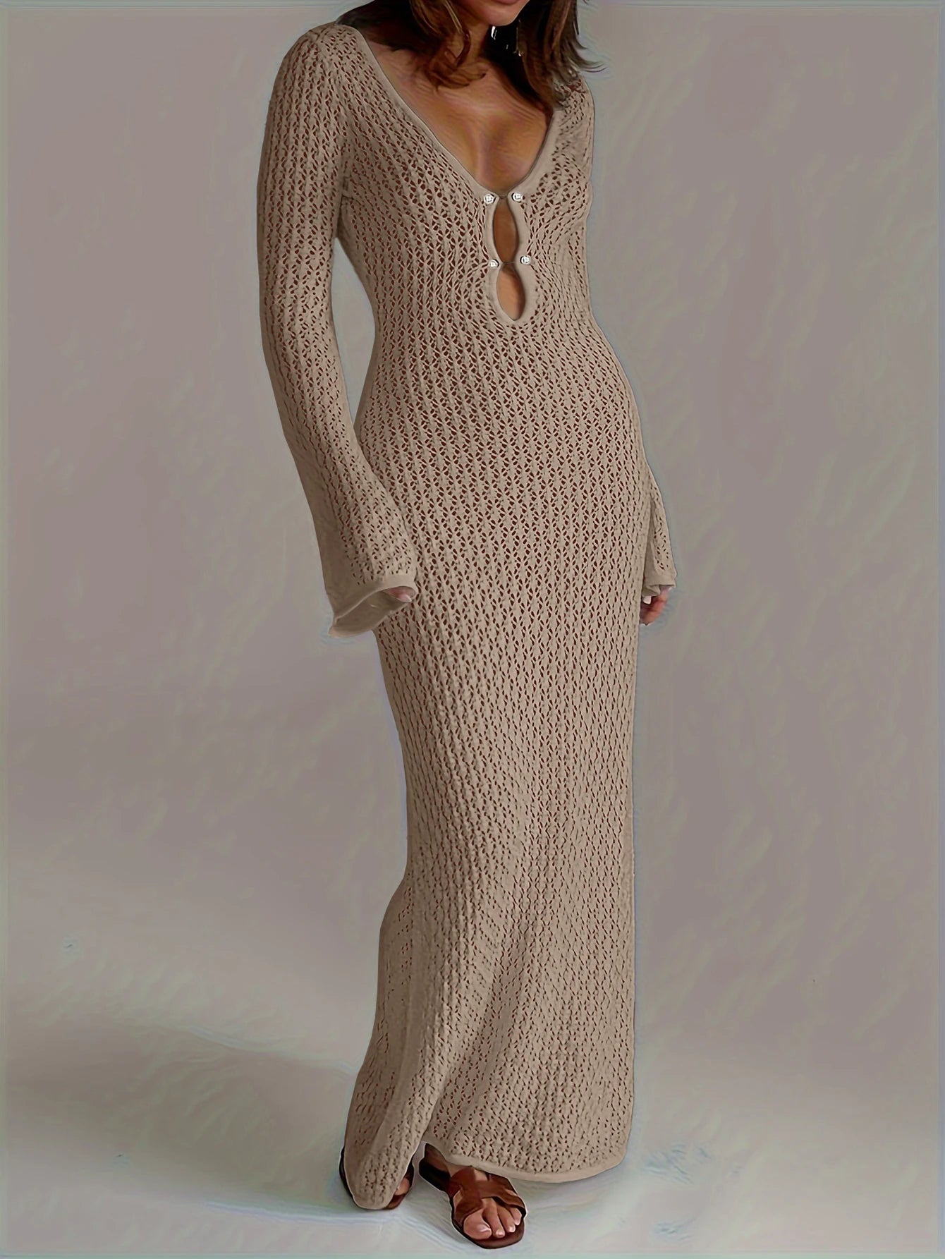 Serenah Crochet Knit Beach Dress – Long Sleeve V-Neck Holiday Cover Up Maxi Dress for Women