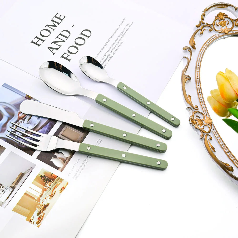 Green/ White Handle Stainless Steel Cutlery Set – 16-Piece Flatware with Forks, Knives & Spoons for Everyday Dining