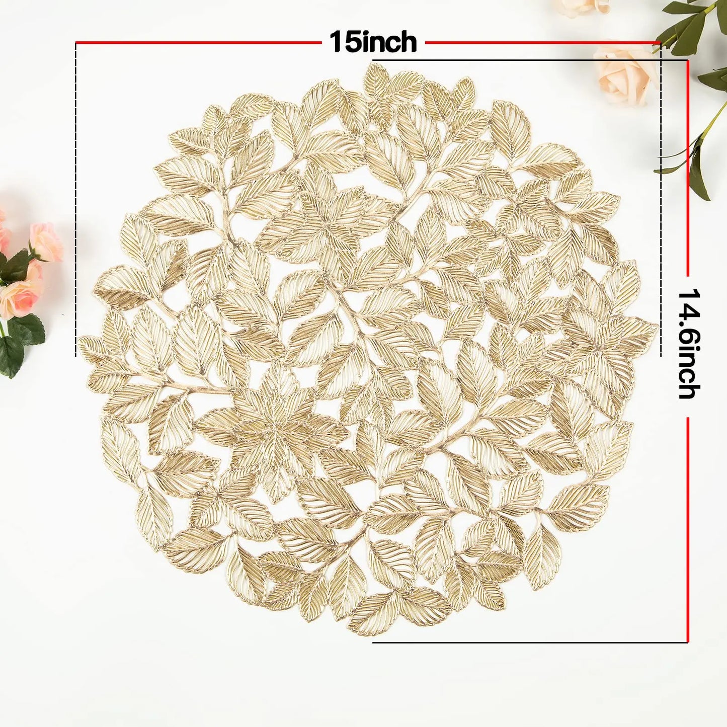 Leaf Cutwork Round Dining Placemats Set of 6 – Decorative Table Mats Non Slip Wipe Clean Heat Resistant Kitchen Table Placemats