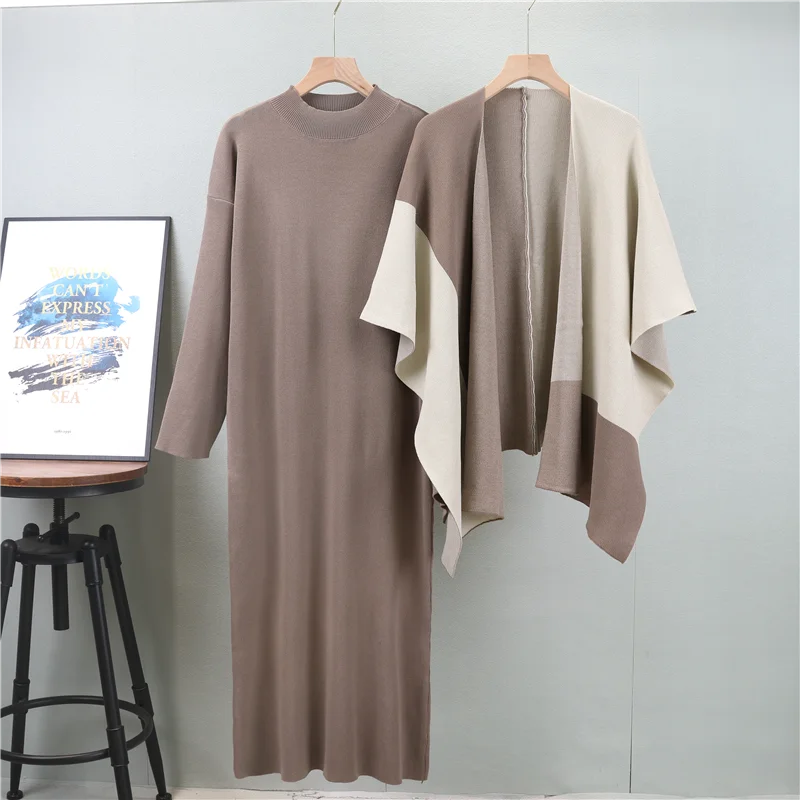 Women's Two-Piece Knit Midi Dress with Color-Block Cape, Available in Black, Beige & Camel