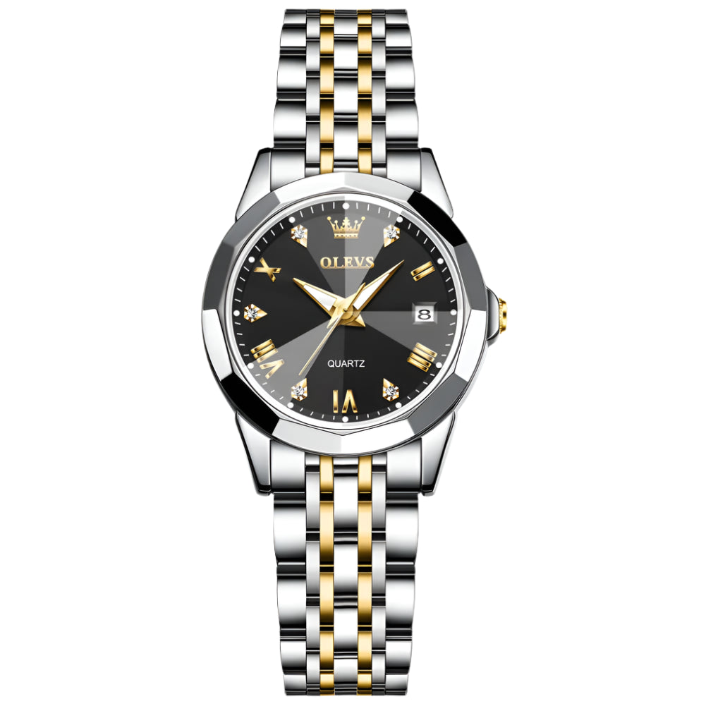 Luxury Diamond Accent Watch - Two Tone Stainless Steel With Day And Date Display