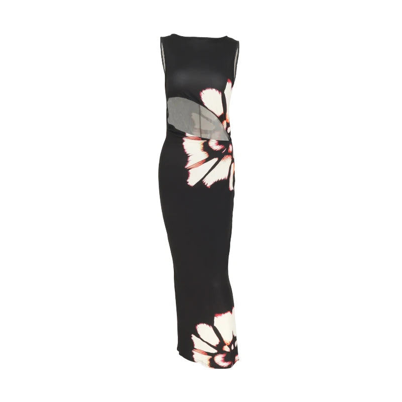 Azariah Black Floral Cut-Out Maxi Dress – Elegant Sleeveless Summer Gown with Statement Print