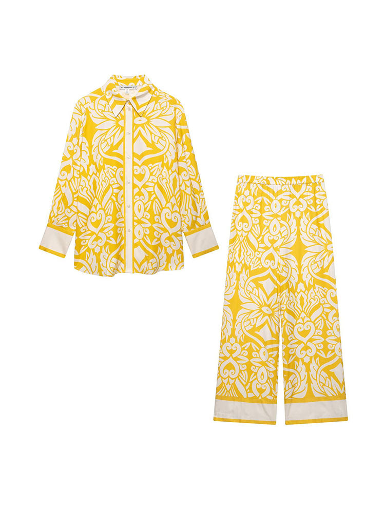 Solina Yellow Print Shirt and Wide-Leg Trouser Co-Ord Set – Bold Summer Two-Piece Holiday Outfit for Women