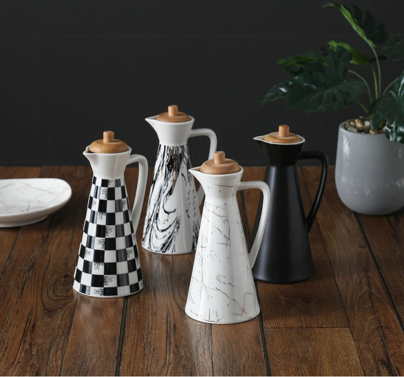 Ceramic Oil and Vinegar Dispenser Bottle with Wooden Lid – Modern Drizzle Jug for Olive Oil & Dressing