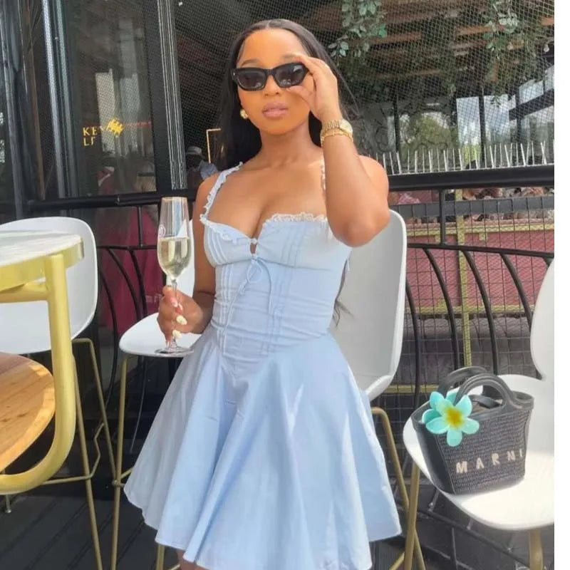 Sorvella Corset Skater Dress with Lace Trim – Baby Blue, White, Pale Yellow or Black Fit and Flare Mini Dress