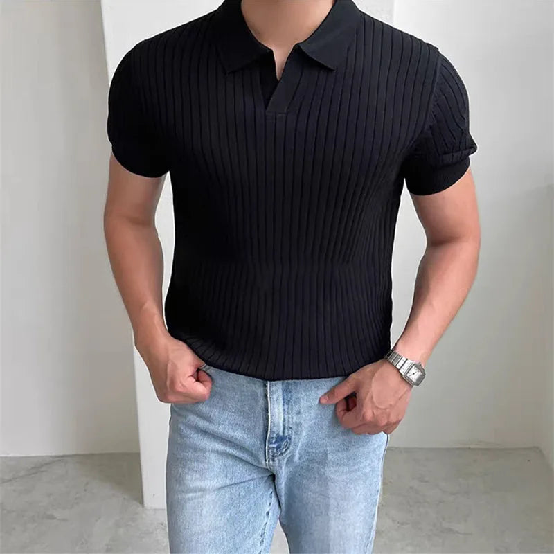 Men’s White Knitted Polo Shirt – Slim Fit Ribbed Short Sleeve Top