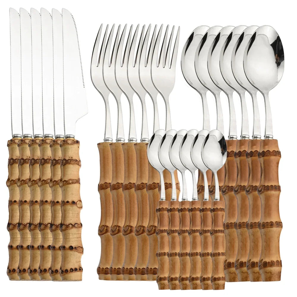 24-Piece Bamboo Handle Cutlery Set – Stainless Steel Knife Fork Spoon Flatware in Gold & Silver