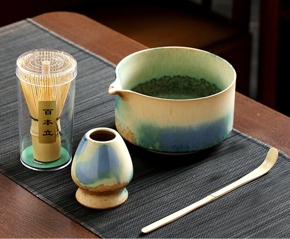 Matcha 4 Piece Tea Set with Bamboo Whisk and Ceramic Bowl – Japanese Green Tea Ceremony Kit