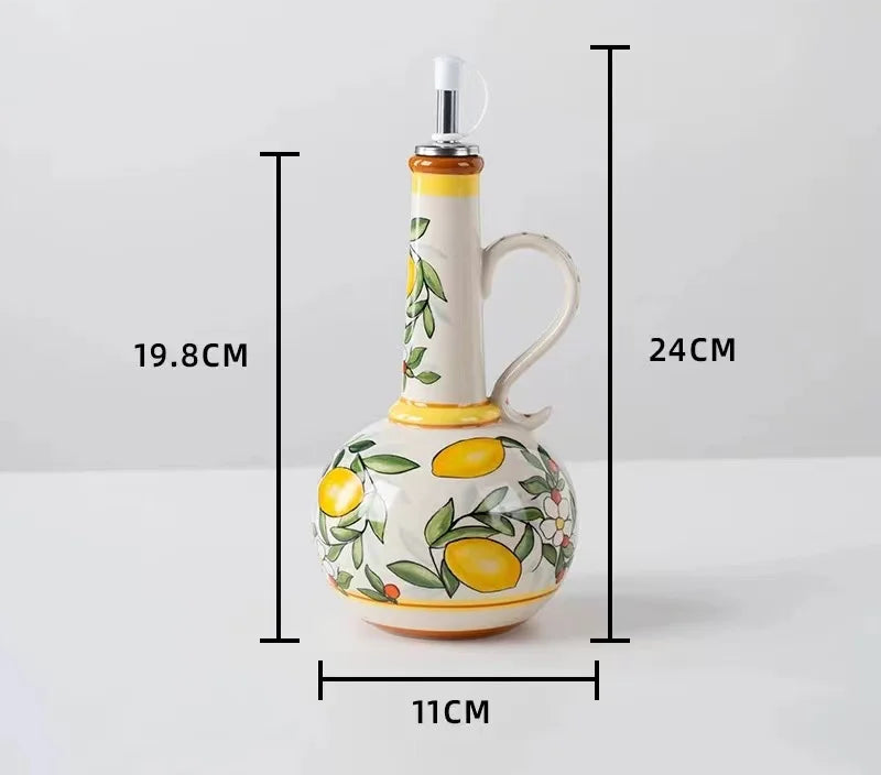 Sorrento Ceramic Olive Oil or Vinegar Bottle – Hand-Painted Mediterranean Lemon Cruet with Pourer