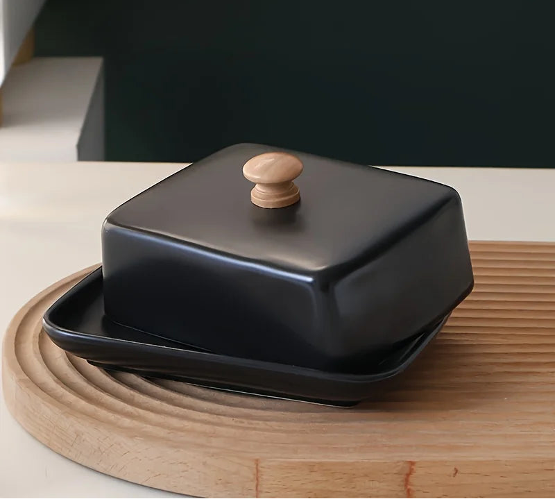Black & White Ceramic Butter Dish with Wooden Handle – Rectangular Covered Butter Keeper for Kitchen & Dining
