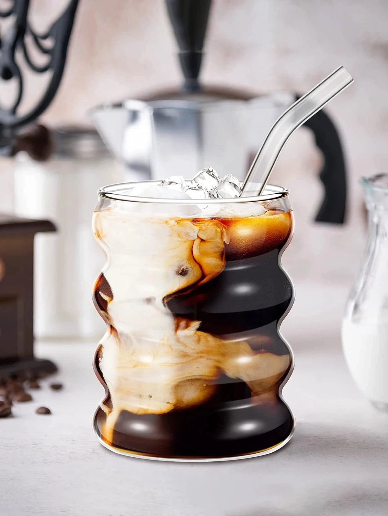 Ripple Glass Set with Reusable Straws – 4 Piece Clear Drinking Glasses for Cocktails, Iced Coffee & Juice