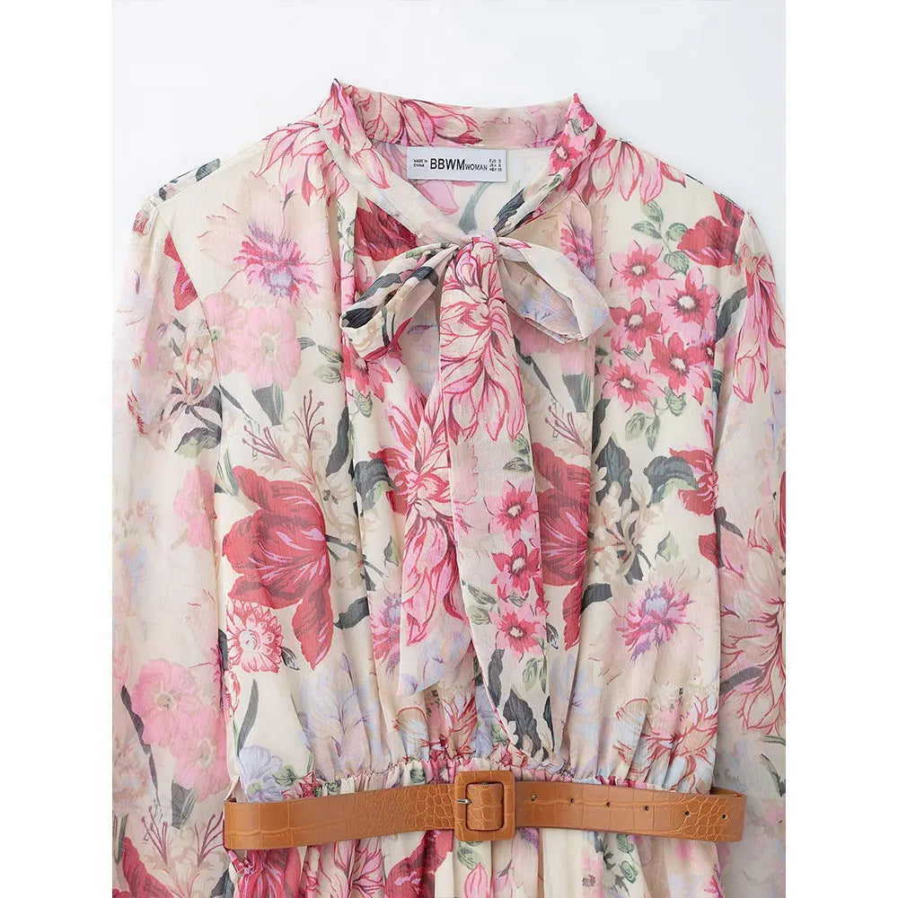 Marilina Floral Tie Neck Midi Dress with Long Sleeves and Belt – Pink Vintage-Inspired Summer Occasion