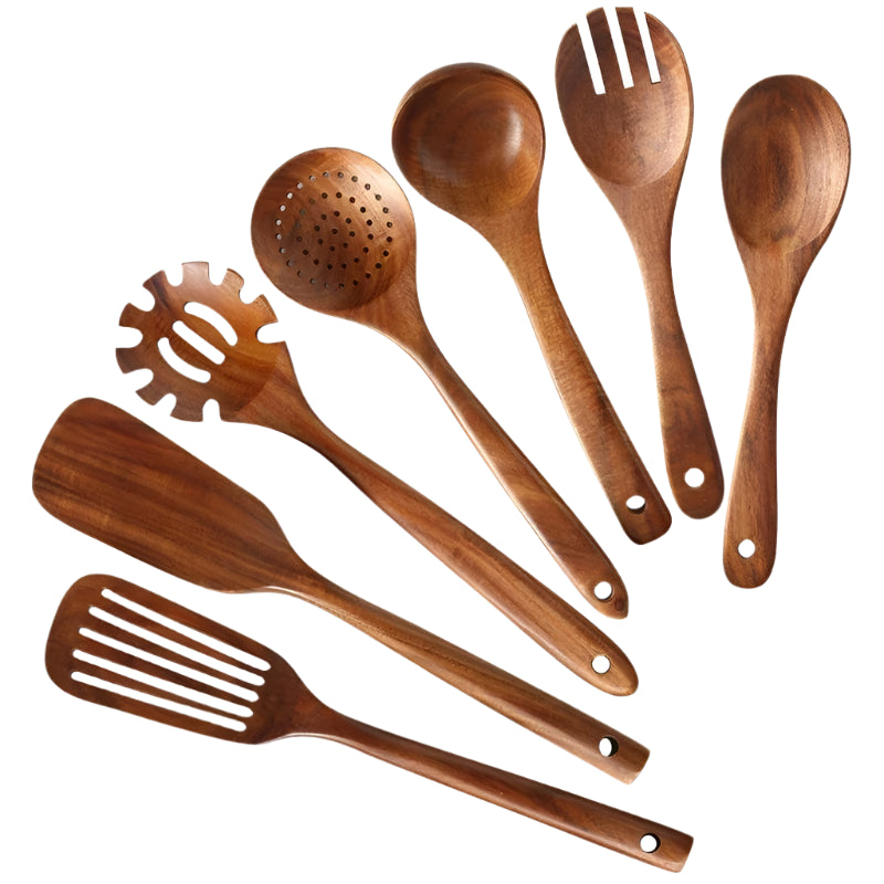 Natural Wooden Cooking Utensils Set – 7-Piece Spoon and Spatula Set