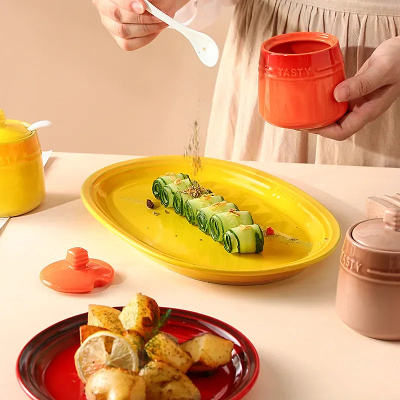 Ceramic Sugar/ Spice Bowl with Lid & Spoon – 1 Piece Colourful Kitchen Condiment Jar for Sugar, Salt & Spices