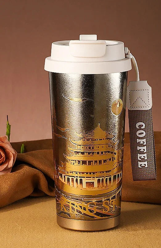 Titanium Travel Coffee Mug with Leak-Proof Lid & Carry Strap – 500ml Insulated Tumbler for Hot & Cold Drinks