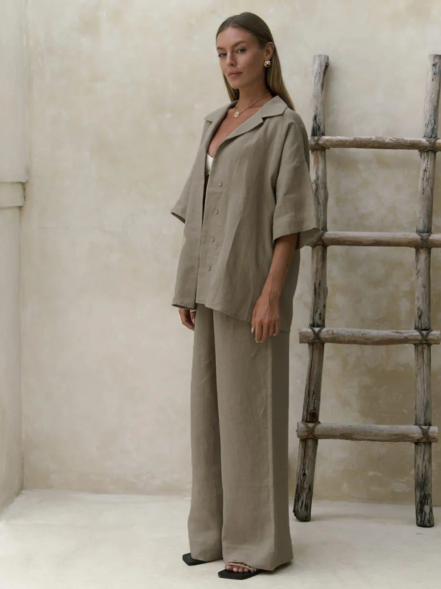 Ismena Oversized Shirt and Wide-Leg Trouser Co-Ord Set – Relaxed Linen Look Beach Holiday Outfit in White, Taupe, Beige & Grey