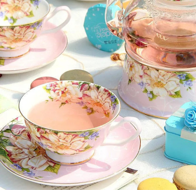 Floral English Tea Set with Glass Teapot & Porcelain Cups – Vintage Afternoon Tea Gift Set