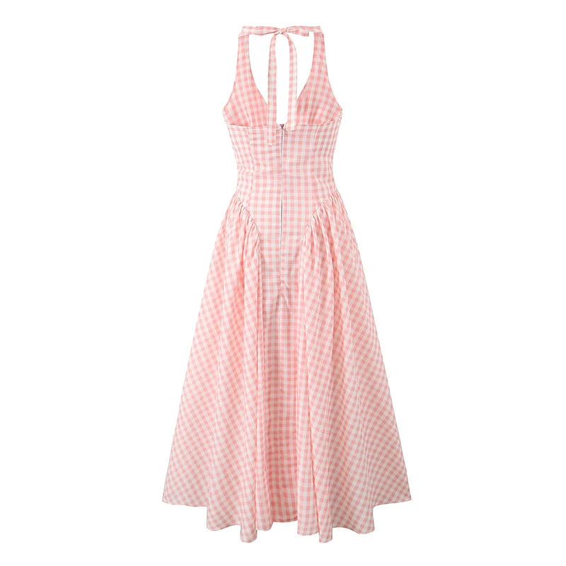 Lilienne Pink Gingham Halter Neck Midi Dress – Summer Picnic Party Dress with Open Back