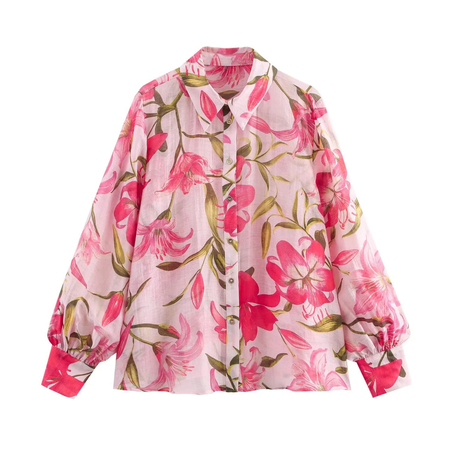 Arietta Floral Print Blouse – Long Sleeve Lightweight Shirt in Pink or Blue