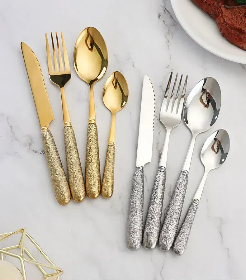 24-Piece Gold & Silver Stainless Steel Cutlery Set with Holder – Elegant Dining Tableware for 6