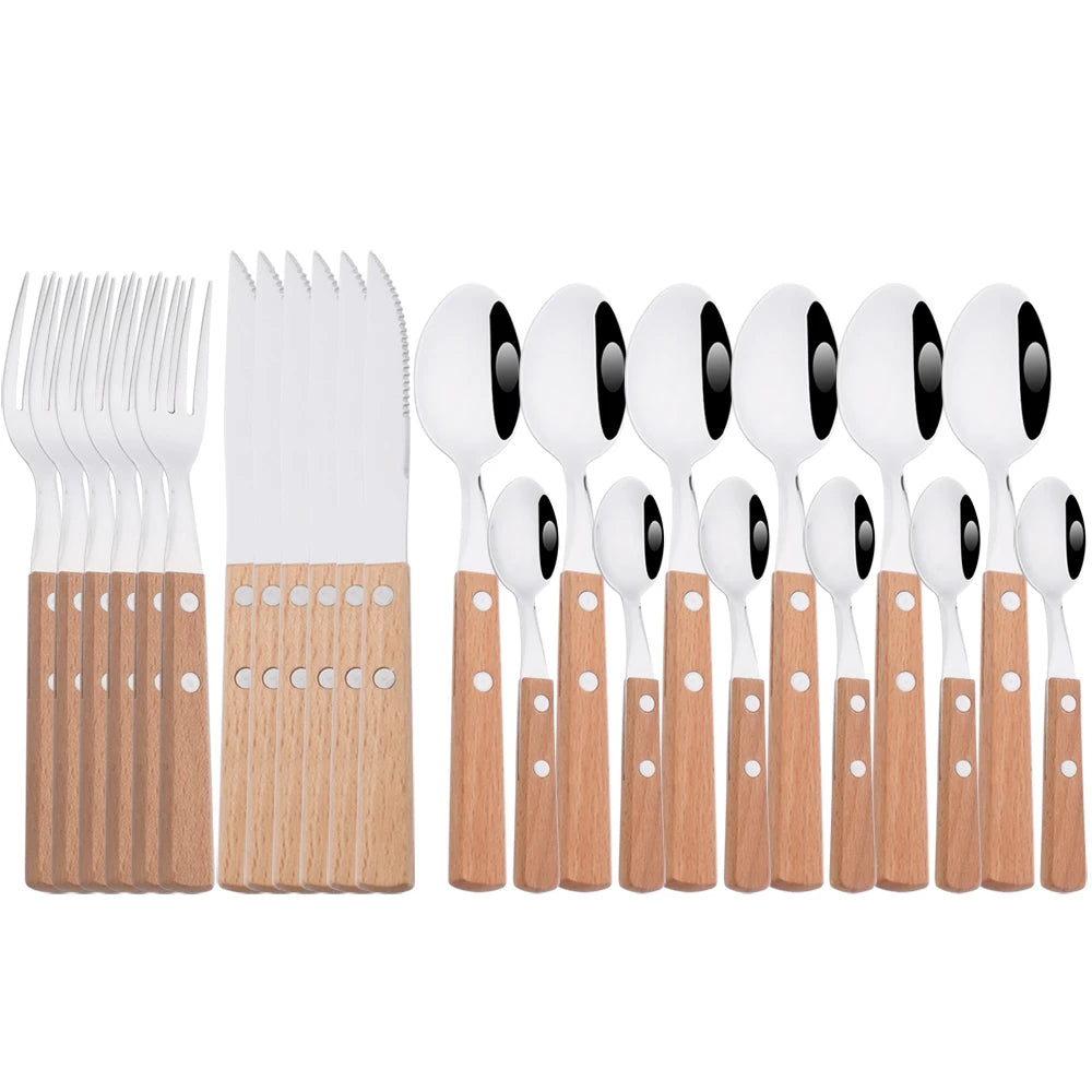 Wooden Handle Cutlery Set – 24 Piece Stainless Steel Knives, Forks & Spoons for Dining & Kitchen