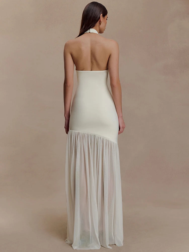 Maelisse Cut Out Halter Neck Maxi Dress – Elegant Evening Gown with Sheer Asymmetric Skirt