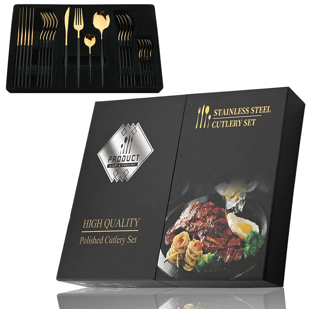 24-Piece Stainless Steel Cutlery Set – Luxury Knife, Fork, Spoon & Teaspoon Flatware Set with Gift Box – Black, Gold, Silver & Mixed Colours