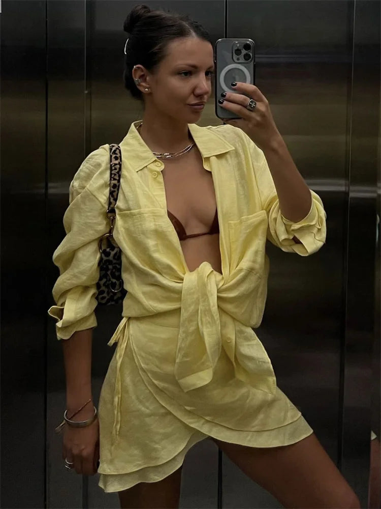 Naomi Summer Beach Co-Ord Set – Long Sleeve Button-Up Shirt and Mini Skirt Two Piece Outfit