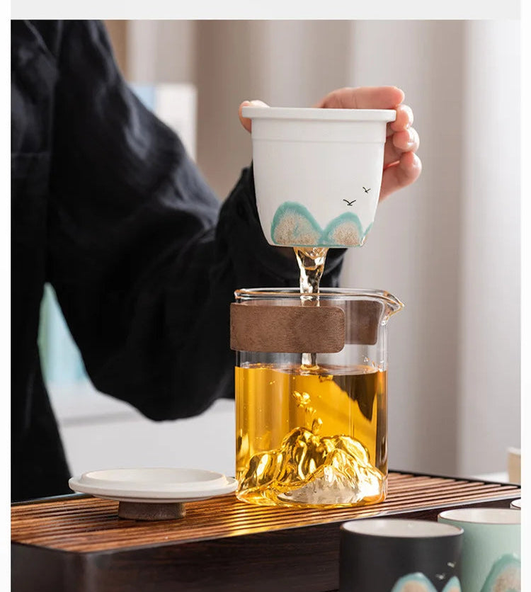 Hand-Painted Mountain Ceramic Tea Set with Tea Holder – 6-Piece Teapot & Four Cups Gift Box
