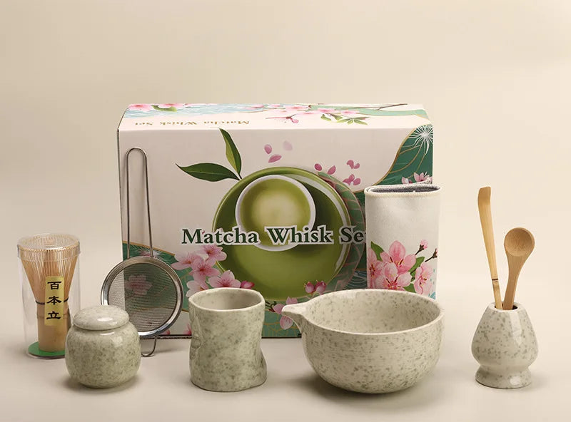 Blossom Grove Matcha Making Set – 9-Piece Ceramic Matcha Tea Set with Whisk, Scoop, Bowl & Mat for Home Matcha Making