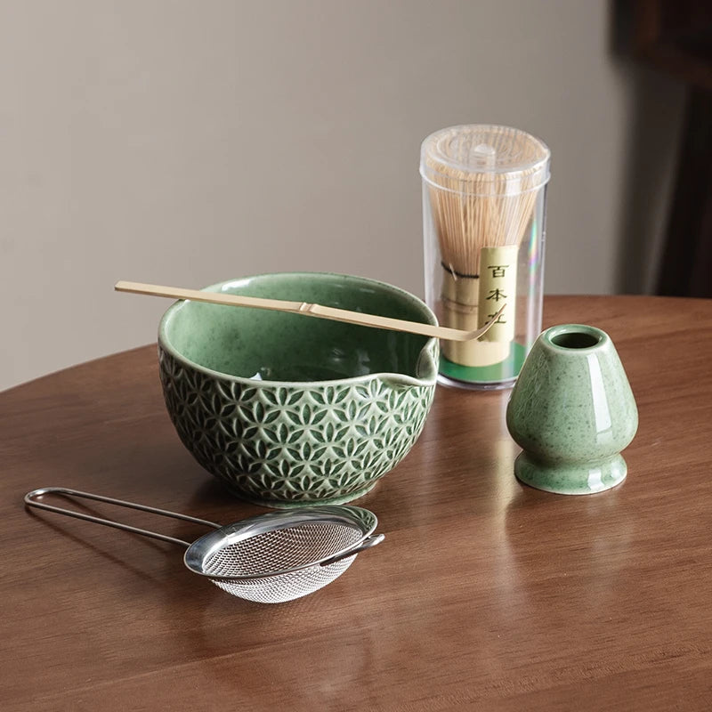 Green Matcha Tea Set with Ceramic Whisk Bowl & Accessories – 2/5/6 Piece Traditional Japanese Style Matcha Making Kit