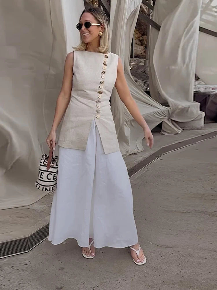 Maris Asymmetric Button Co-ord Set – Sleeveless Vest & Mini Skirt Two-Piece in Natural Beige
