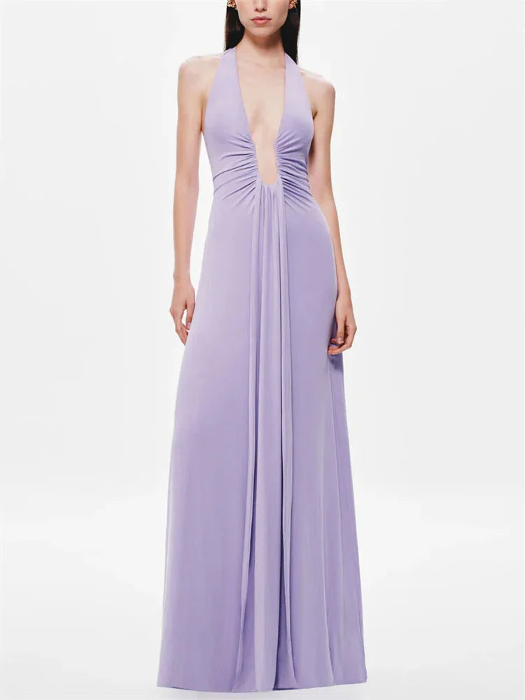Savina Halterneck Plunge Ruched Maxi Dress – White, Chocolate Brown, Lilac, Silver & Black Summer Occasion Dress