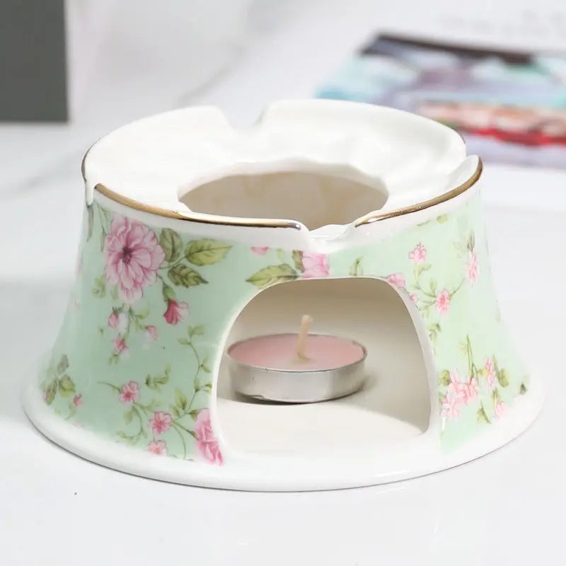 English Garden Ceramic Teapot with Candle Warmer – Vintage Floral Afternoon Tea Pot