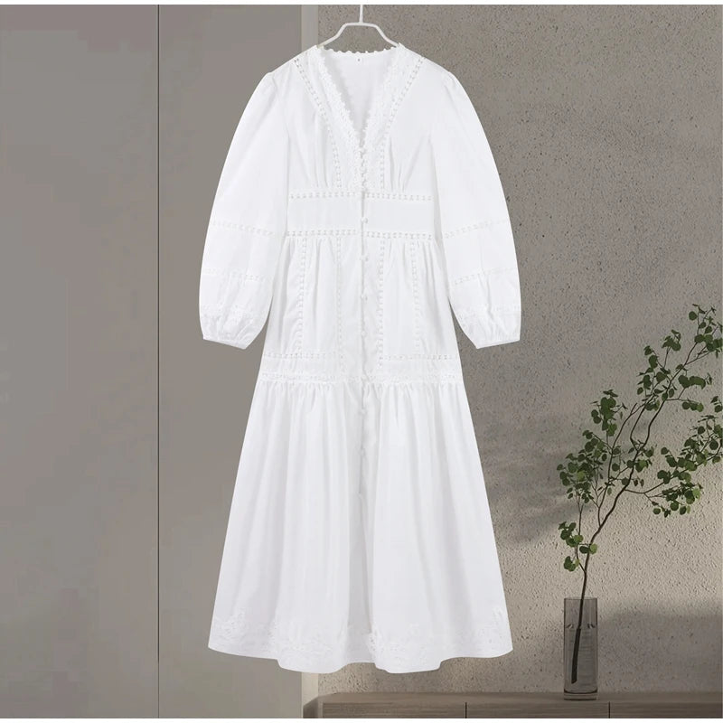 Marvella Embroidered V-Neck Maxi Dress – Boho Long Sleeve Tiered Button Dress