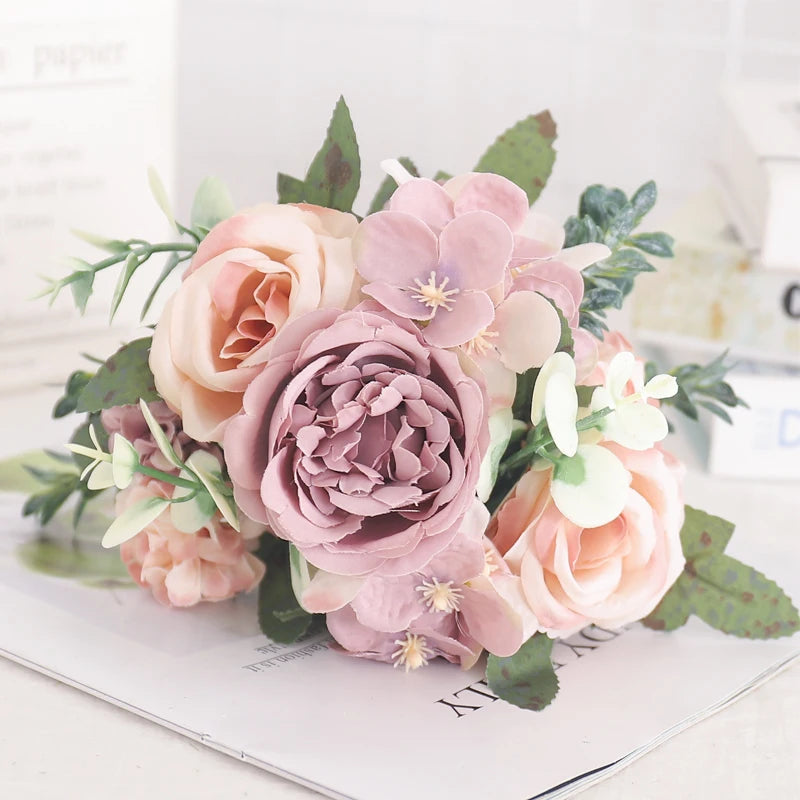 Blush Rose & Hydrangea Flower Bouquet – Pink Faux Floral Centrepiece for Home Decor
