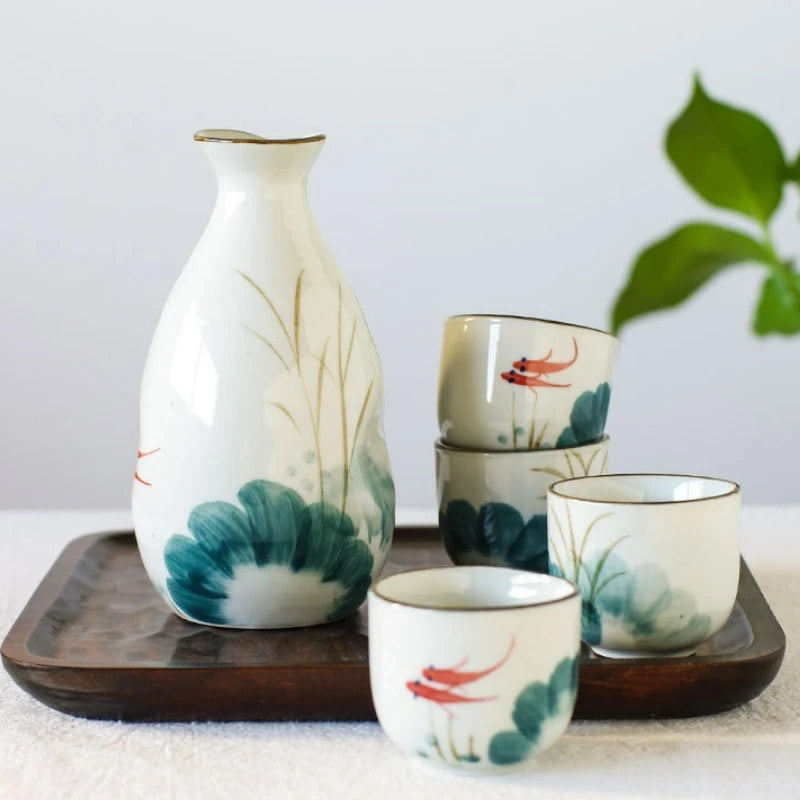 Mizuhana Japanese Sake Set – 5-Piece Ceramic Bottle & Cup Gift Set for Home Bar, Soju or Wine Serving