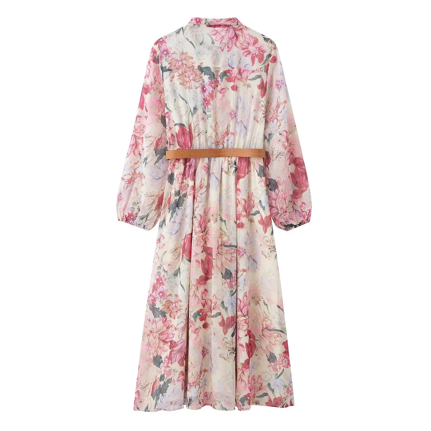 Marilina Floral Tie Neck Midi Dress with Long Sleeves and Belt – Pink Vintage-Inspired Summer Occasion