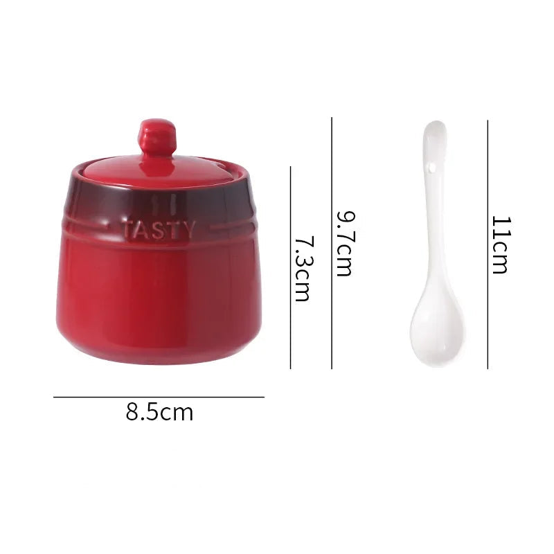 Ceramic Sugar/ Spice Bowl with Lid & Spoon – 1 Piece Colourful Kitchen Condiment Jar for Sugar, Salt & Spices