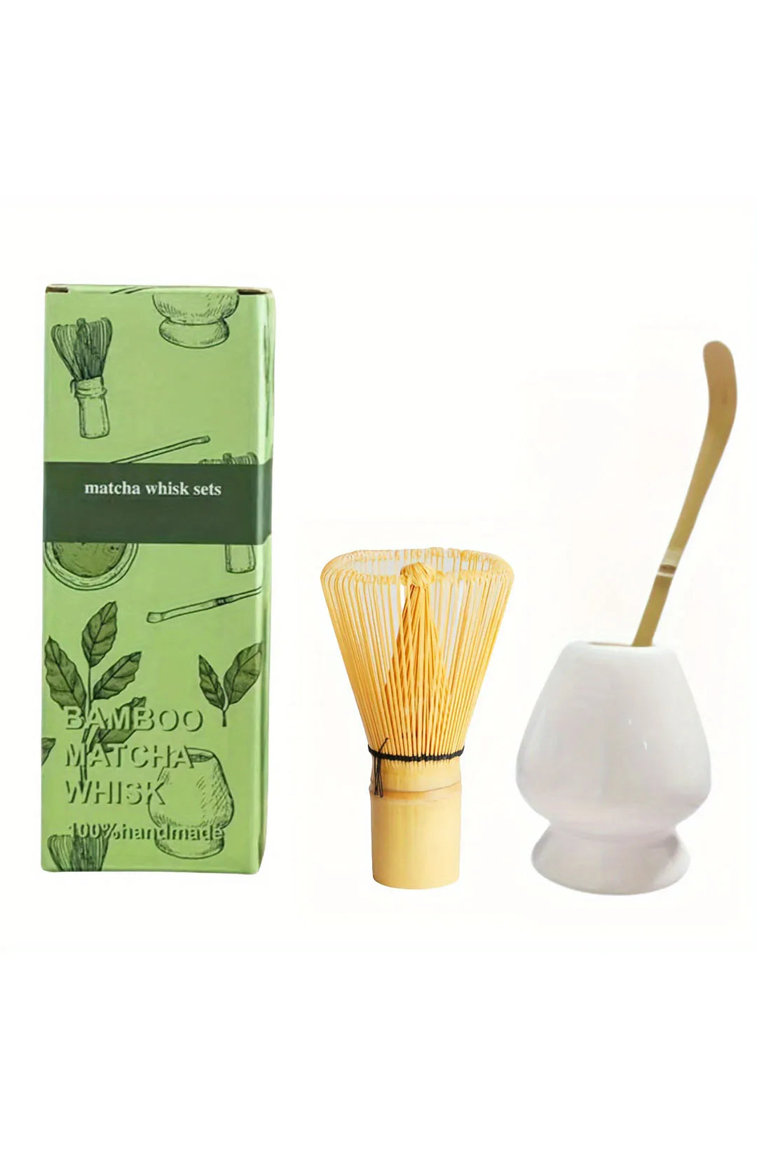 Bamboo Matcha Whisk & Scoop Set – 3-Piece Japanese Tea-Making Kit with Ceramic Holder