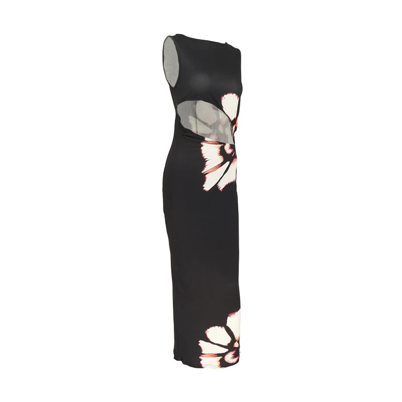 Azariah Black Floral Cut-Out Maxi Dress – Elegant Sleeveless Summer Gown with Statement Print