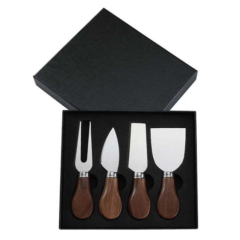 Walnut Handle Cheese Knife Gift Set – 4 or 6 Piece Cheese Tools with Fork & Spreader