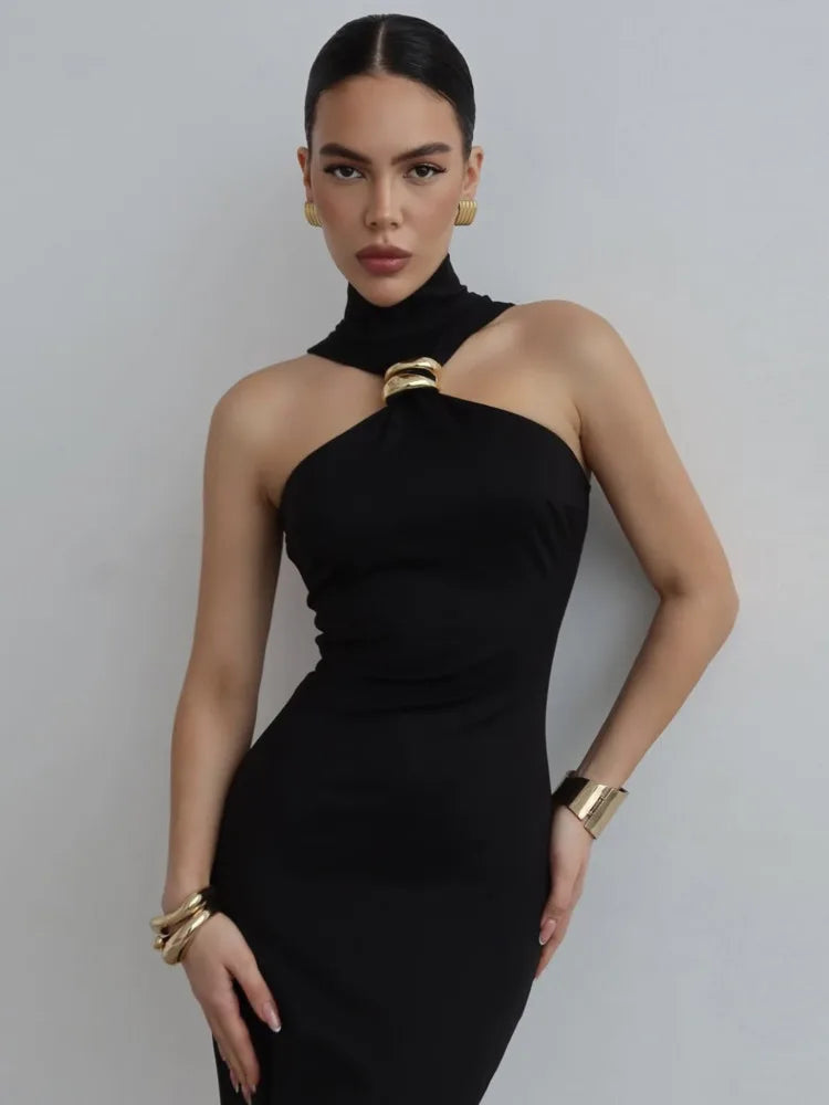 Amelina Sleeveless Black Midi Dress – High Neck Bodycon with Gold Accent Detail for Evening & Occasion Wear