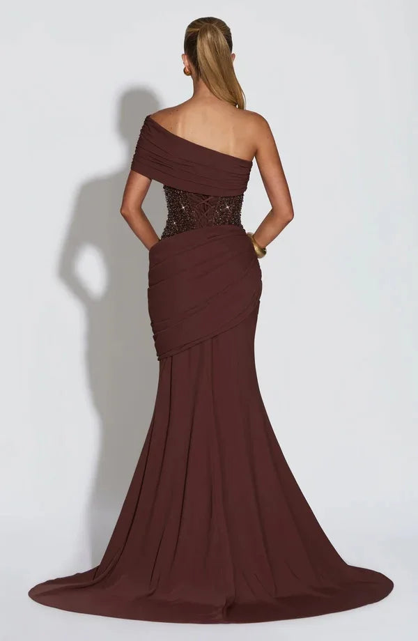 Lunéa One Shoulder Sequin Waist Maxi Dress – Ruched Evening & Wedding Guest Gown
