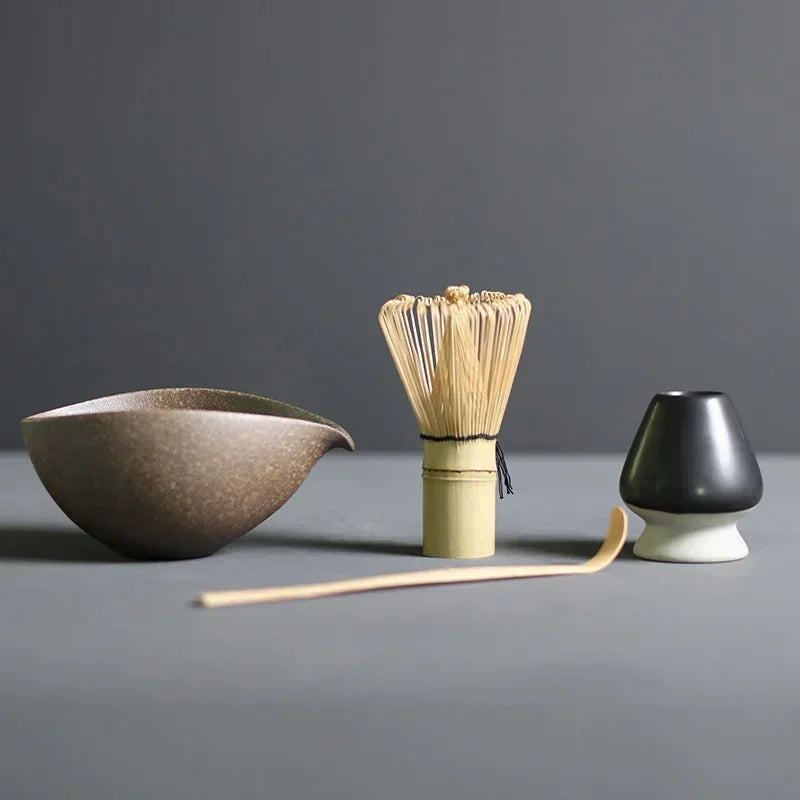 Matcha Tea Set with Bamboo Whisk, Bowl, Scoop & Holder – Traditional Japanese Ceremony Kit in Black, Brown, Dark Grey & Stone
