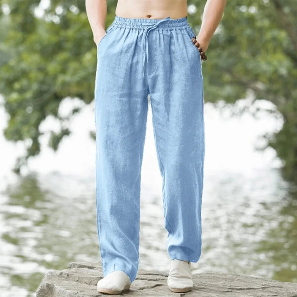 Men’s Loose Fit Linen Trousers – Lightweight Drawstring Waist Straight Leg Summer Pants