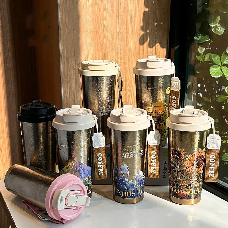 Titanium Travel Coffee Mug with Leak-Proof Lid & Carry Strap – 500ml Insulated Tumbler for Hot & Cold Drinks