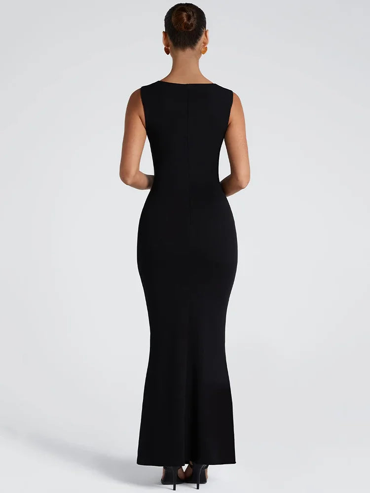 Marzelle Square Neck Bodycon Maxi Dress – Black or Claret Red Sculpting Evening Dress