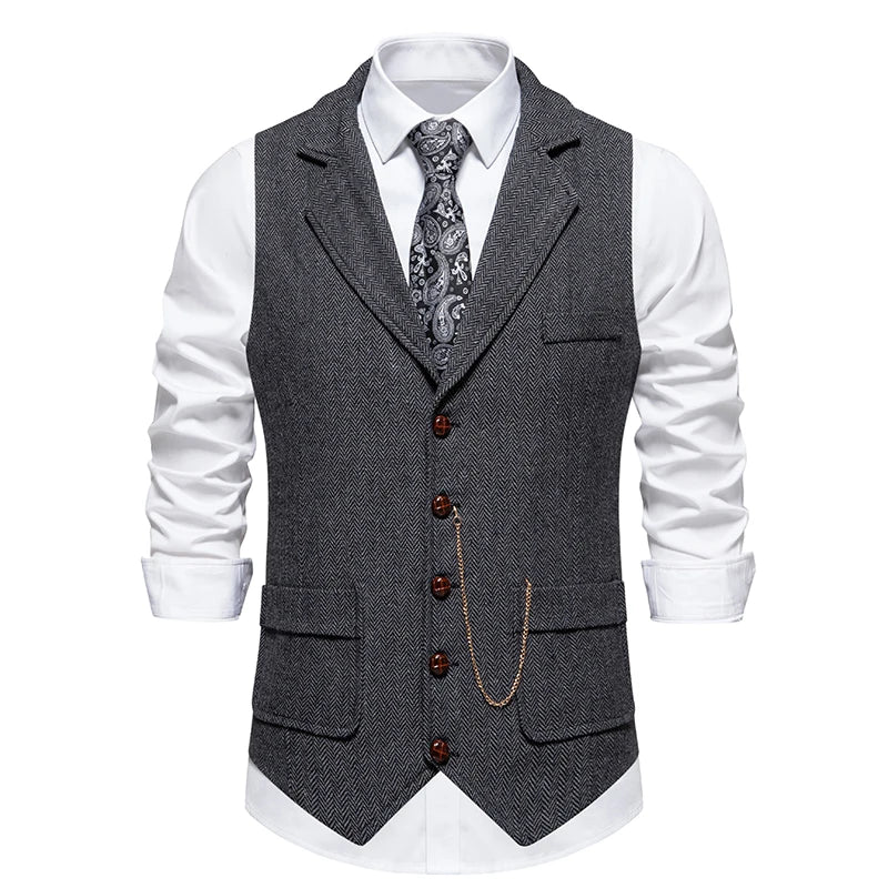 Men’s Tweed Waistcoat with Lapel and Chain – Herringbone Formal Vest in Grey, Brown, Blue